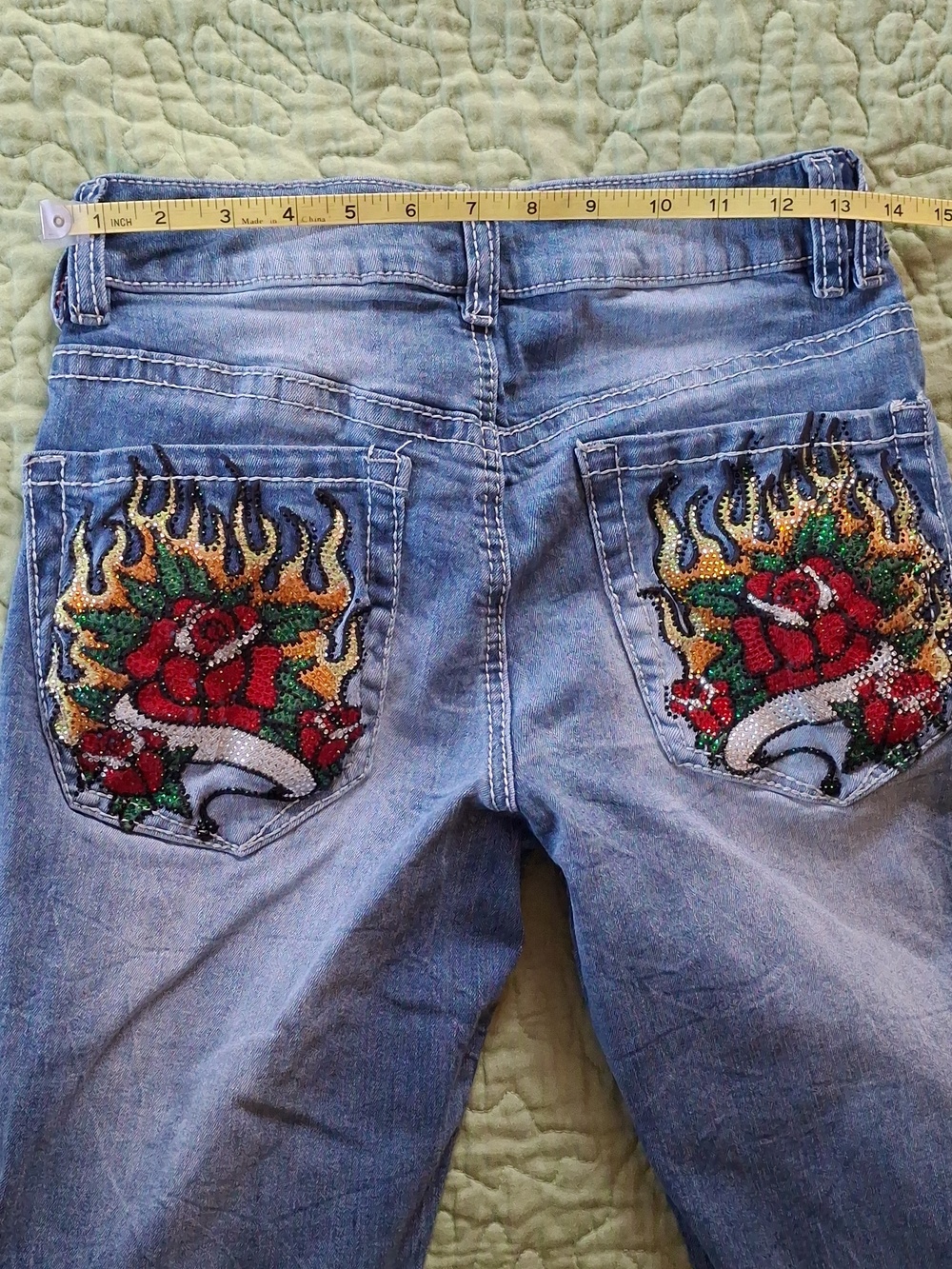 Ninth Hall Alyssia Size 4 Bootcut Rhinestone Flame Rose Tattoo Pockets - Picture 6 of 6